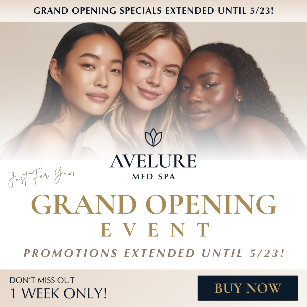 Avelure Med Spa Grand Opening Event - Saturday 05/16, 10 AM to 3 PM, all locations. Raffle for free Botox for a year. RSVP now to save your spot.